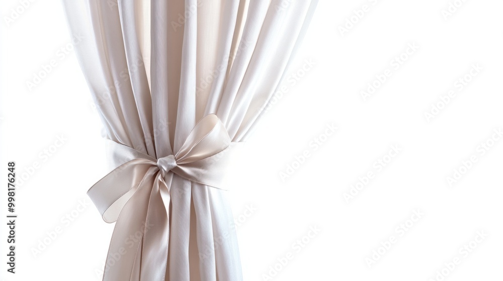 A pair of stylish curtains tied back with a ribbon, isolated on a white background A pair of stylish curtains tied back with a ribbon, isolated on a white background