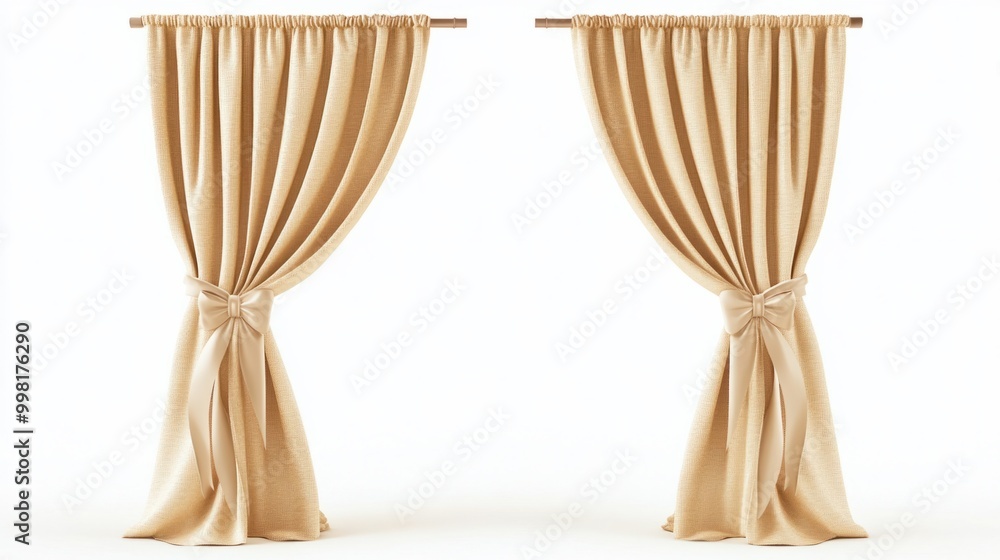 A pair of stylish curtains tied back with a ribbon, isolated on a white background