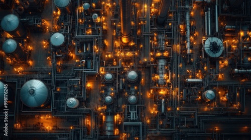 Aerial view of a large industrial complex at night, with glowing lights illuminating the intricate network of pipes and tanks.