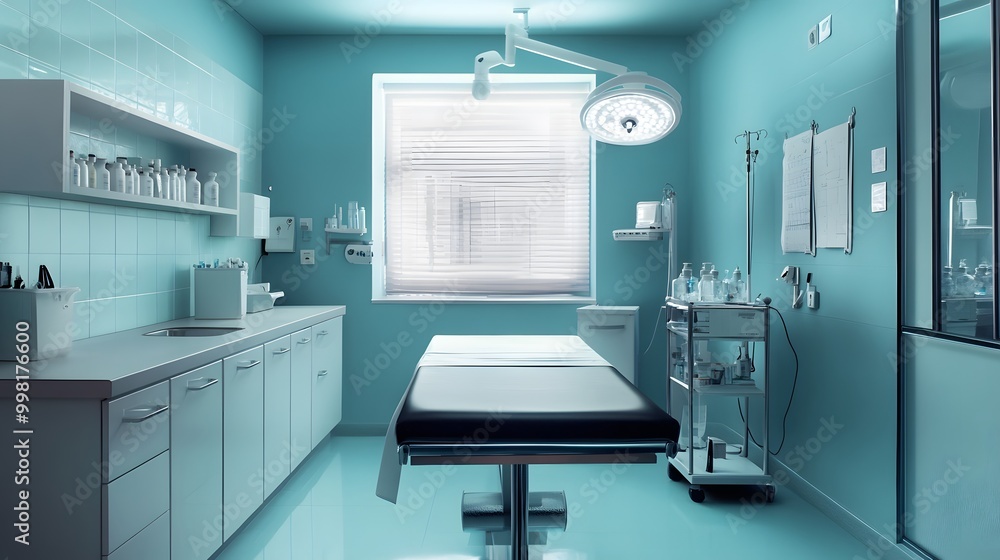 A sterile examination room with a medical table, cabinets, and a window with blinds. A sterile examination room with a medical table, cabinets, and a window with blinds.