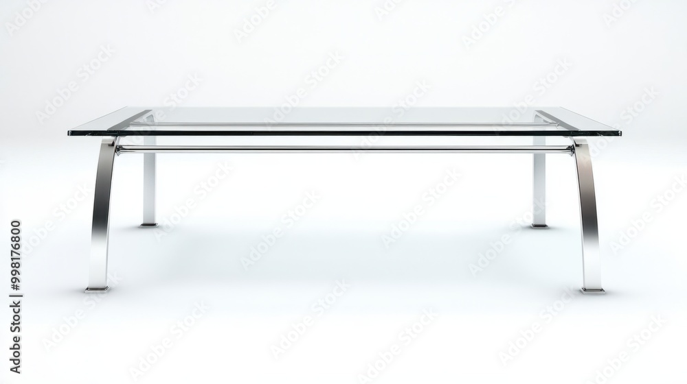 A sleek glass coffee table with metal legs, isolated on a white background A sleek glass coffee table with metal legs, isolated on a white background