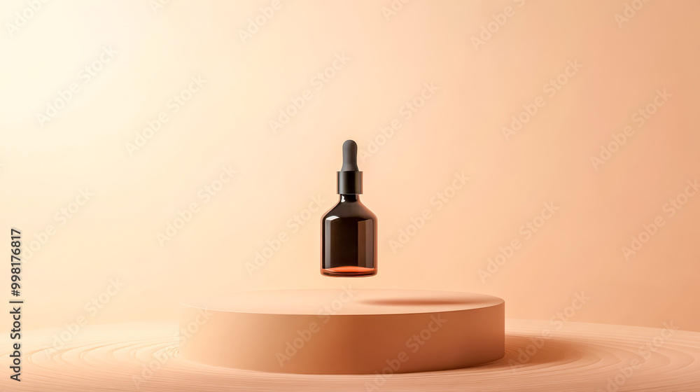 Naklejka premium Minimal cosmetic bottle floating over a podium on a warm backdrop