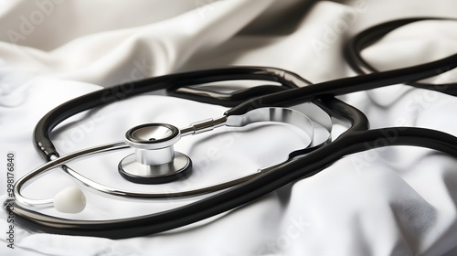 A stethoscope lies on a white lab coat, symbolizing healthcare. photo