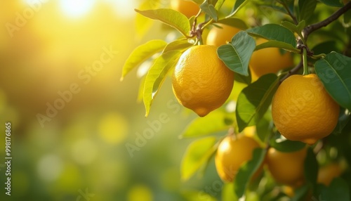 A close-up of vibrant yellow lemons hanging from branches, bathed in warm sunlight in a natural orchard.