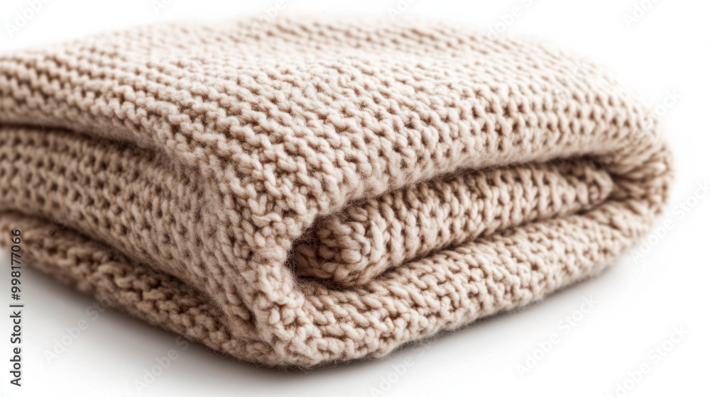 A soft, knitted throw blanket folded neatly, isolated on a white background A soft, knitted throw blanket folded neatly, isolated on a white background