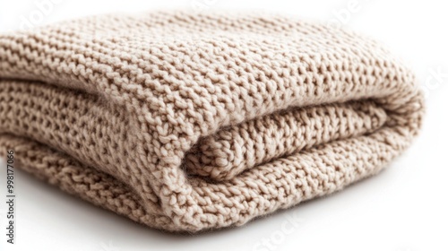 A soft, knitted throw blanket folded neatly, isolated on a white background