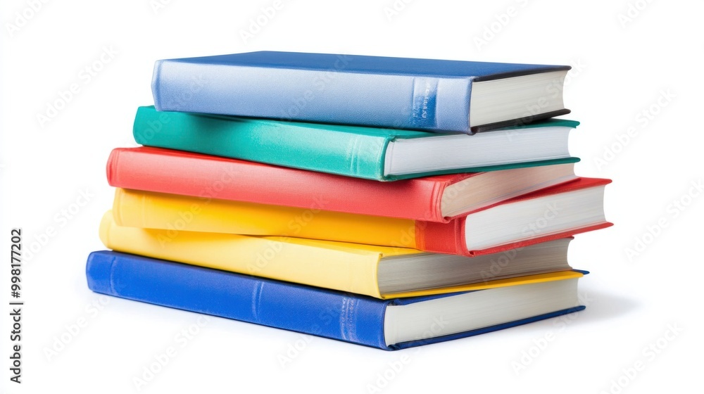 A stack of hardcover books with colorful covers, isolated on a white background A stack of hardcover books with colorful covers, isolated on a white background