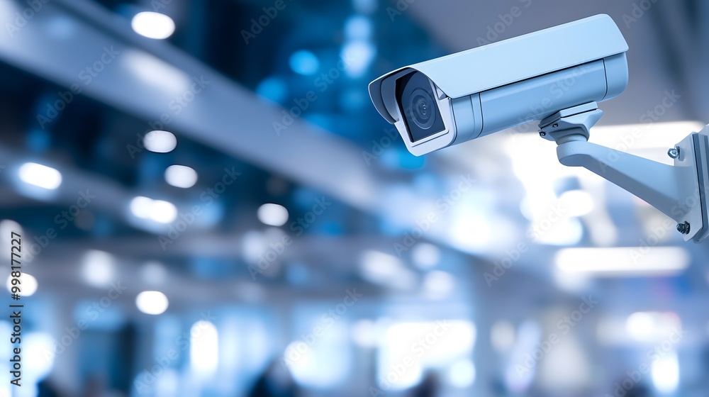 A security camera mounted on a wall, with a blurred background of a modern office building. A security camera mounted on a wall, with a blurred background of a modern office building.