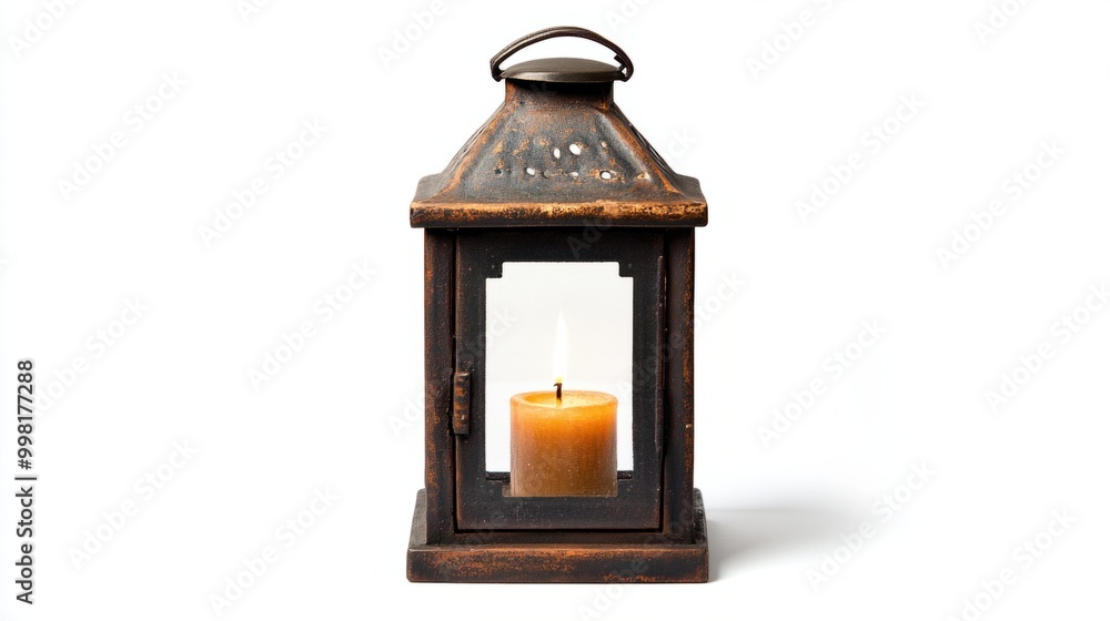 A stylish candle lantern with a rustic finish, isolated on a white background A stylish candle lantern with a rustic finish, isolated on a white background