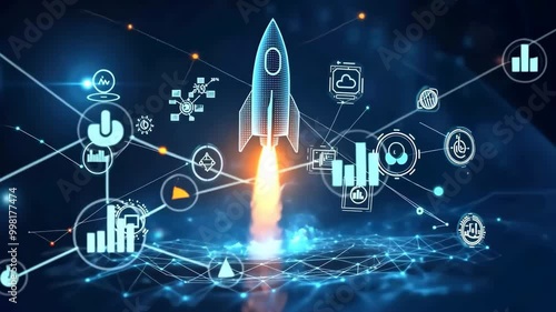 A rocket launching upward with digital symbols and data surrounding it, representing technology, startup growth, financial success, and innovation in a digital world. 4K video

