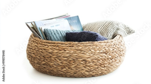 A woven floor basket filled with magazines and pillows, isolated on a white background