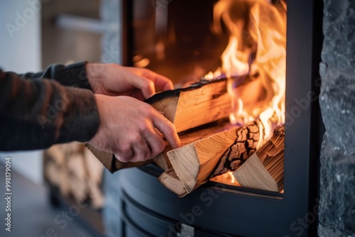 Cozy evenings by the fireplace with logs being added to the burning flames in a modern living room setting. Close-up photo