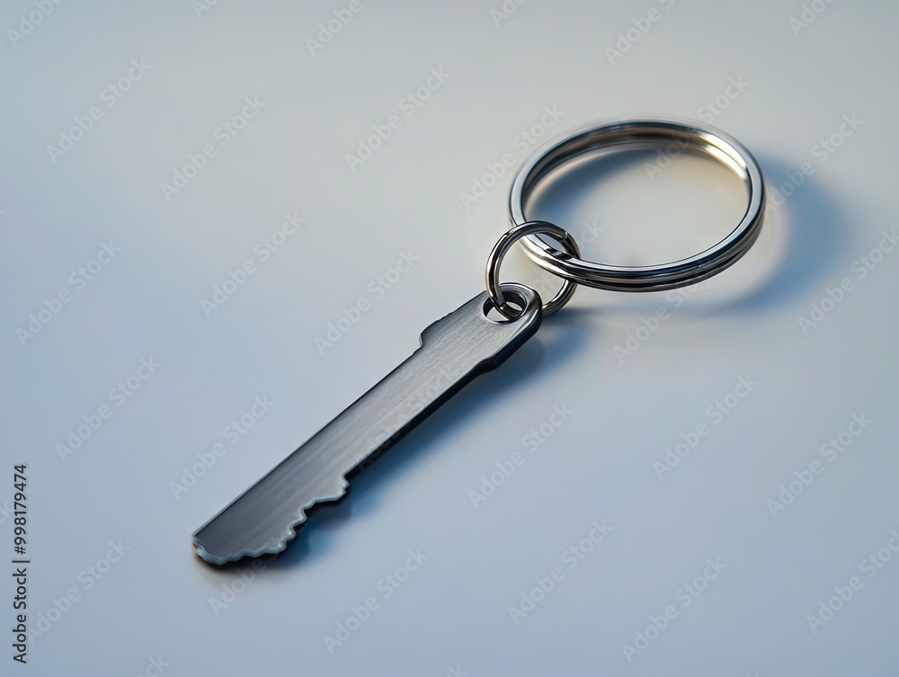 A metal key is sitting on a white surface A metal key is sitting on a white surface