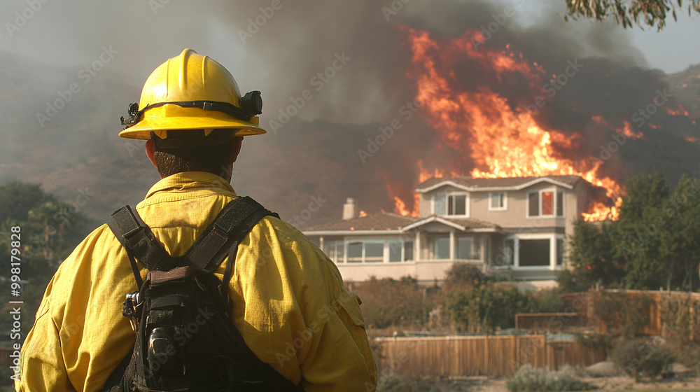 a firefighter in yellow protective gear and a helmet standing with their back to the camera, observing a large house engulfed in flames. The house is situated in a hilly area, and the fire is intense, a firefighter in yellow protective gear and a helmet standing with their back to the camera, observing a large house engulfed in flames. The house is situated in a hilly area, and the fire is intense,