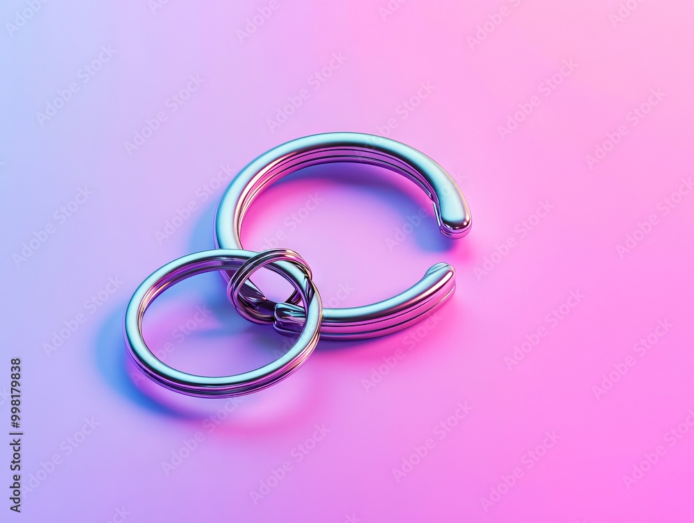A pair of silver rings on a pink and purple background A pair of silver rings on a pink and purple background