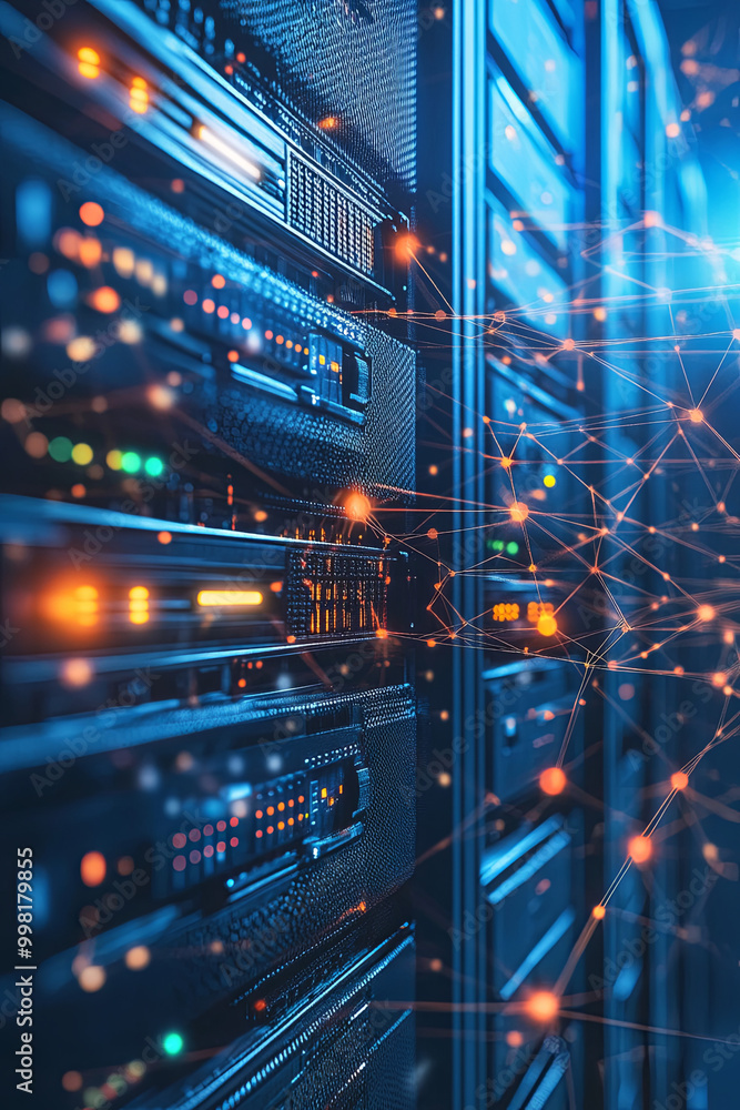 Naklejka premium Network of servers connected globally on a digital interface