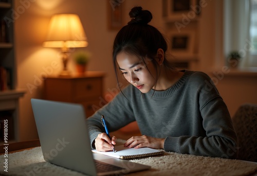 A young lady writing note in a paper with a laptop at table in a house at night scene