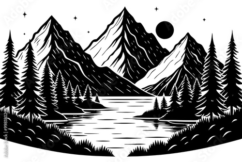 Majestic Mountain Landscape with Pine Forest and Serene Lake Under Starry Night Sky