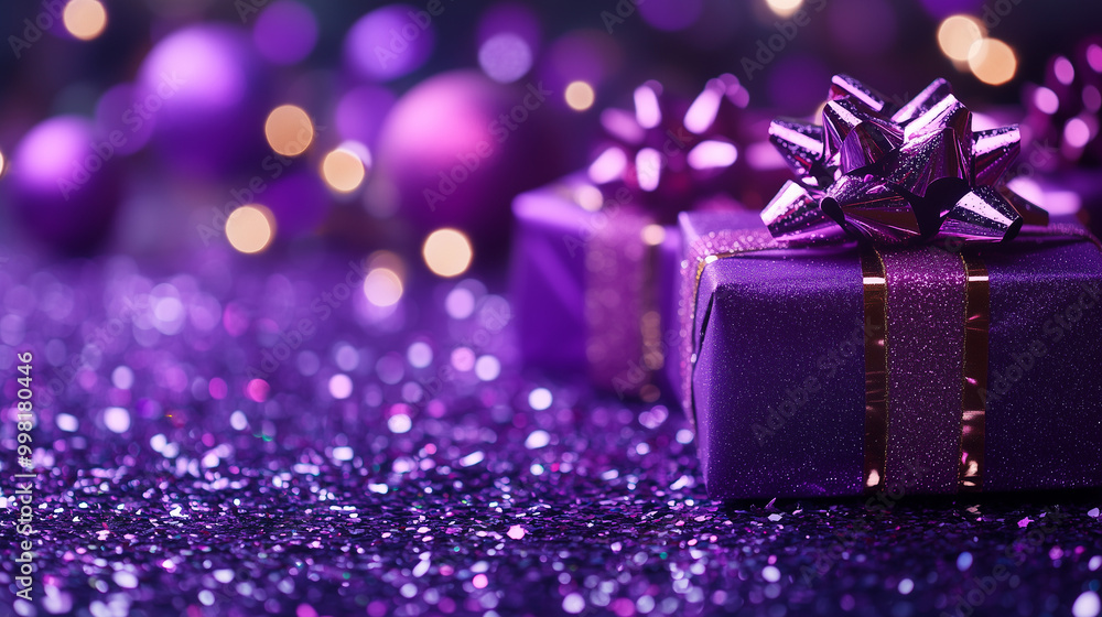 A close-up shot of glittery purple gift boxes tied with shiny ribbons, surrounded by a festive purple backdrop, embodying the joy and excitement of gift-giving celebrations. A close-up shot of glittery purple gift boxes tied with shiny ribbons, surrounded by a festive purple backdrop, embodying the joy and excitement of gift-giving celebrations.