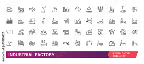 Industial factory icon set. Related to power industry, Plant, Nuclear plant, Manufacturing line icons. Editable stroke. Vector illustration