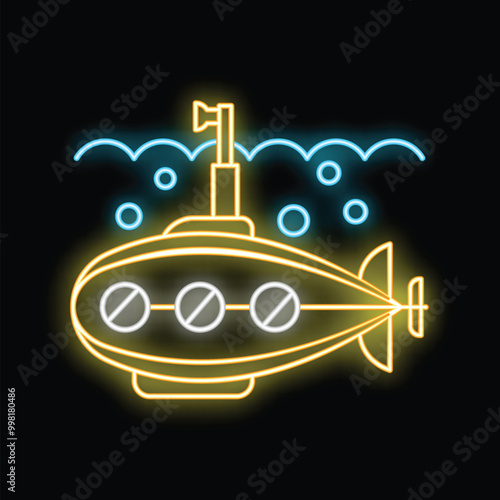 Yellow submarine diving in neon style on black background