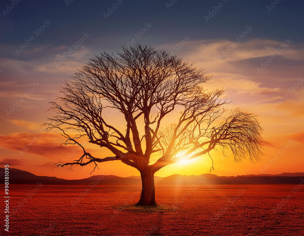 A solitary dead tree stands resilient in a cracked landscape, highlighting the impact of climate change at sunset A solitary dead tree stands resilient in a cracked landscape, highlighting the impact of climate change at sunset