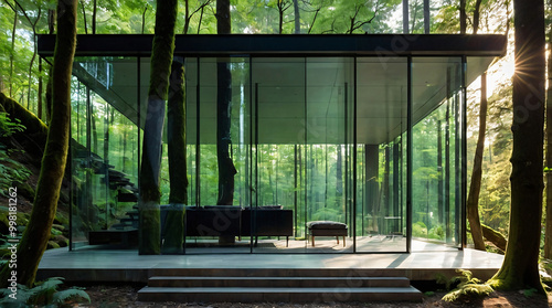 Modern Glass House in Lush Forest with Tranquil Atmosphere