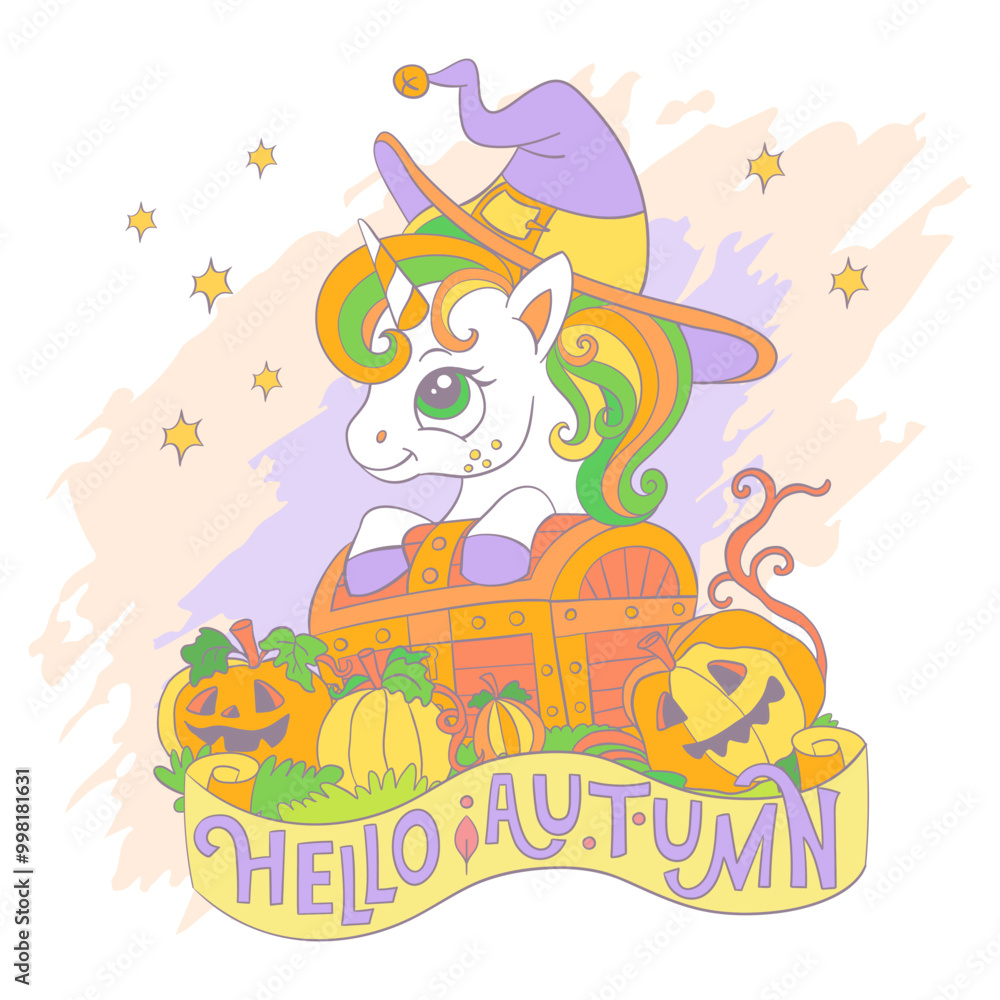 Halloween card unicorn with chest and pumpkins vector illustration Halloween card unicorn with chest and pumpkins vector illustration
