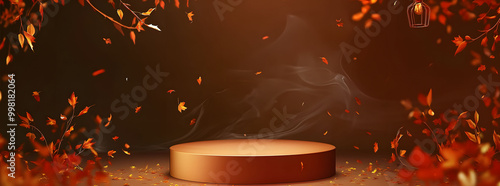 Empty podium with branch of autumn leaves to show cosmetic products. Beige, orange and yellow color background for branding and packaging product presentation.  photo