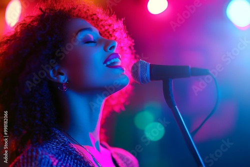 Close-up of a passionate singer performing with a microphone, illuminated by vibrant neon lights in pink, blue, and purple hues