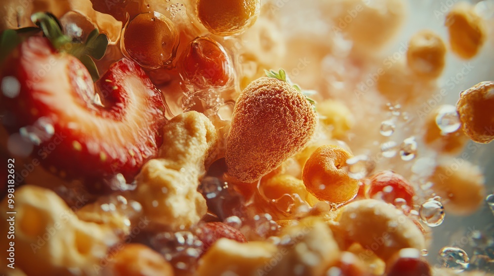 Close-up of Strawberries and Apricots Submerged in Water with Bubbles Close-up of Strawberries and Apricots Submerged in Water with Bubbles