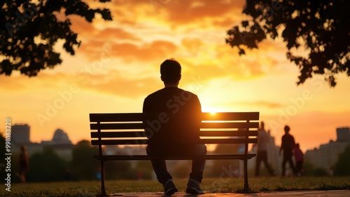 Person sitting alone on a park bench at sunset, with families and joggers passing by, but their attention is fixed inward, absorbed in thought