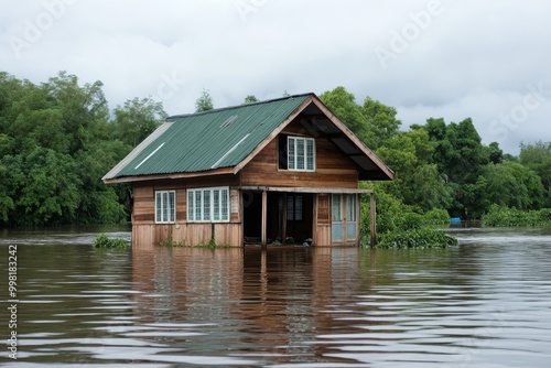 A wooden cabin with a green roof partially submerged in floodwaters, surrounded by lush green trees, illustrating the effects of heavy rainfall and rising water levels