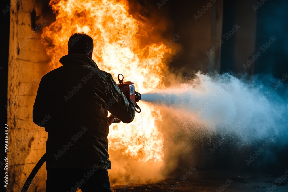 Obraz premium A firefighter battles a raging fire at close range with a hose, demonstrating the intense and dangerous nature of firefighting in an urban setting