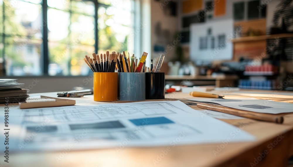Home renovation project with tools, blueprints, and paint samples, organized workspace, sharp focus, bright lighting Home renovation project with tools, blueprints, and paint samples, organized workspace, sharp focus, bright lighting
