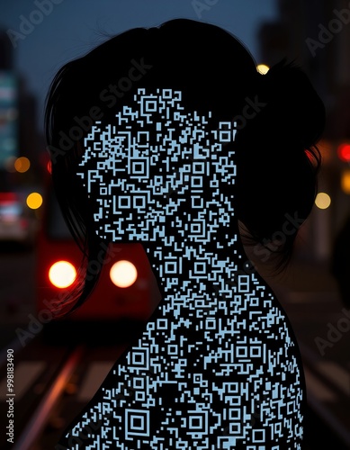 Woman's silhouette filled with QR code pattern tram lights visib photo