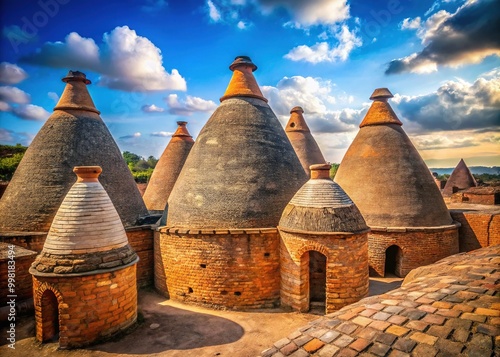 Picturesque view of traditional kilns surrounded by nature in a serene landscape setting