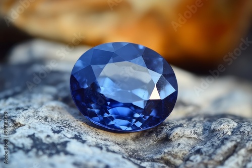 An oval-cut blue sapphire gleams against a textured rock background, with warm tones in the blurred distance creating a striking contrast