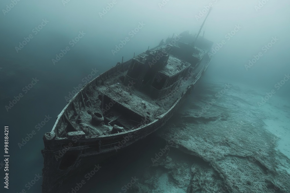A haunting view of a deteriorating ship wreck resting on the seabed, its outline barely visible through the misty, greenish underwater haze A haunting view of a deteriorating ship wreck resting on the seabed, its outline barely visible through the misty, greenish underwater haze