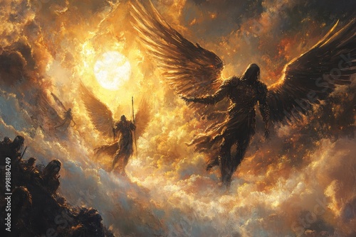 Dramatic fantasy painting depicting winged figures amidst fiery clouds and a blazing sun, evoking an epic celestial conflict photo