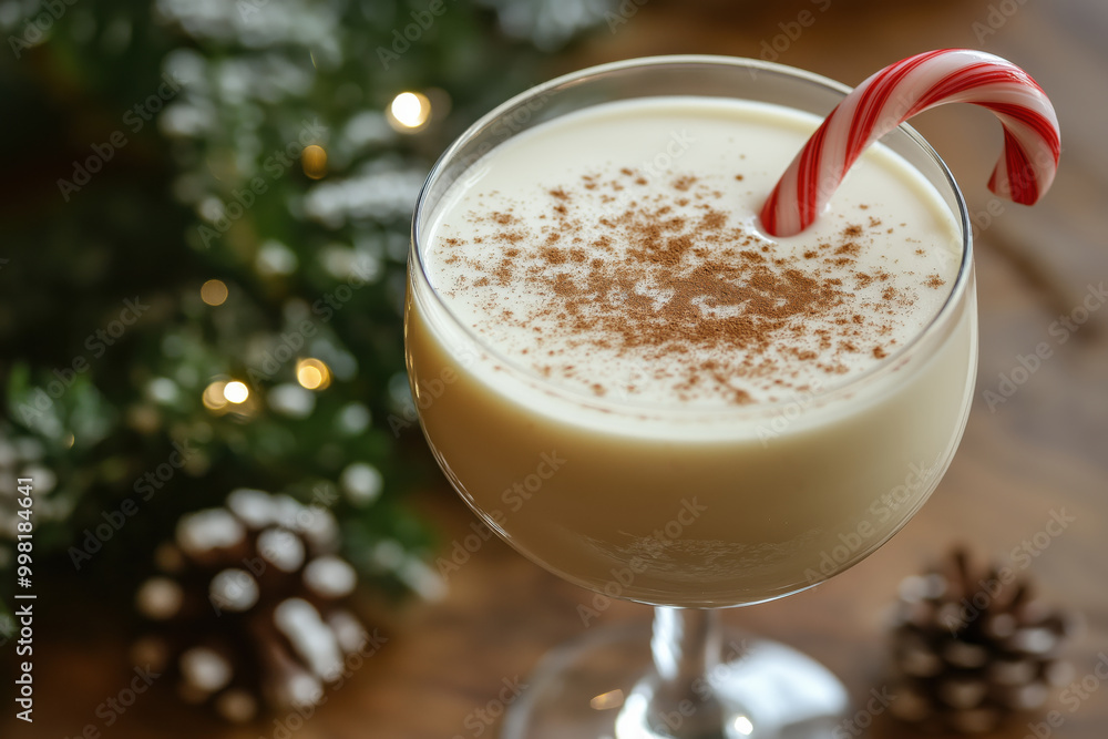 Eggnog with candy cane and holiday decorations Traditional Christmas eggnog
A glass of traditional eggnog with candy cane, topped with cinnamon, surrounded by holiday decorations and festive lights Eggnog with candy cane and holiday decorations Traditional Christmas eggnog
A glass of traditional eggnog with candy cane, topped with cinnamon, surrounded by holiday decorations and festive lights