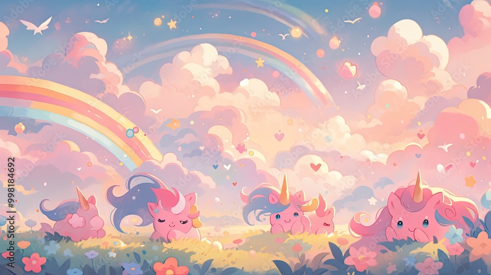 Fototapeta premium Whimsical background with cartoonish elements like pastel clouds, rainbows, and magical creatures, evoking a sense of childlike wonder