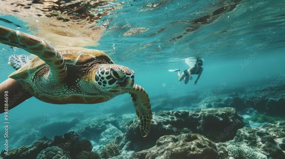 Obraz premium Sea Turtle Encounter Underwater