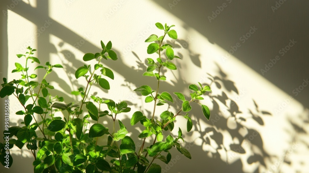 Green Plant with Shadows Cast on a White Wall