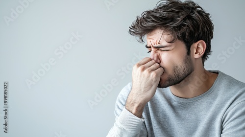 Man grimacing pinching his nose shut with one hand and waving the other in front of his face trying to dispel a strong unpleasant odor