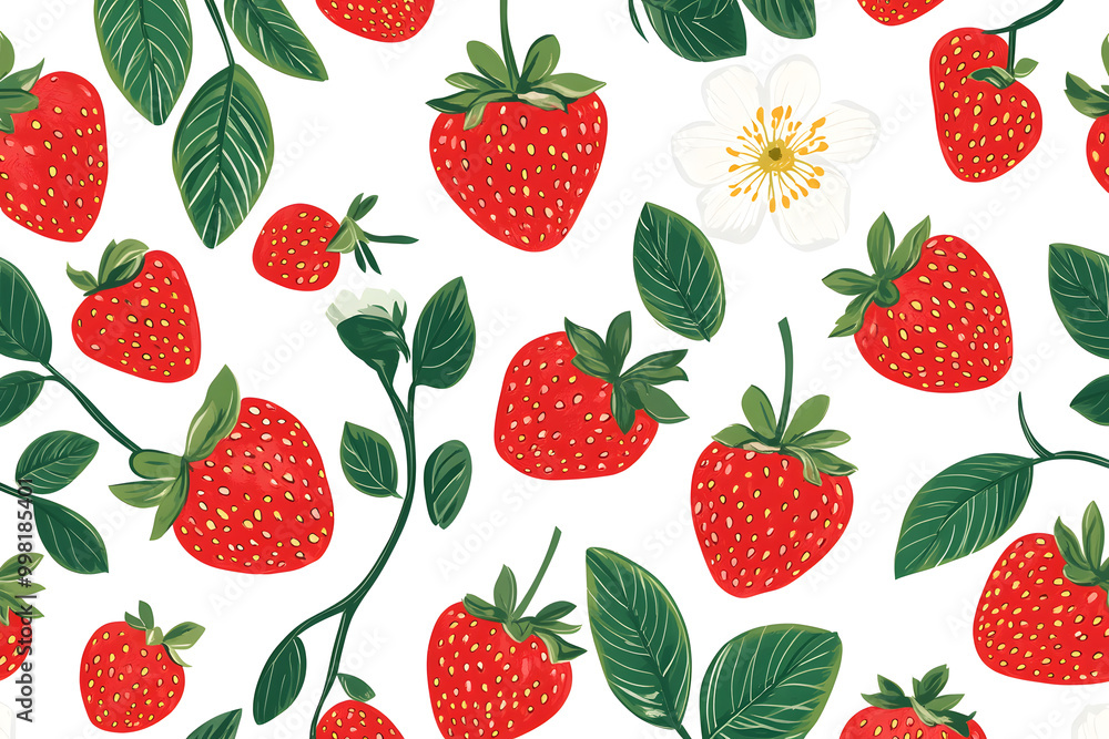 Seamless Strawberry Pattern with Green Leaves and Flowers Seamless Strawberry Pattern with Green Leaves and Flowers