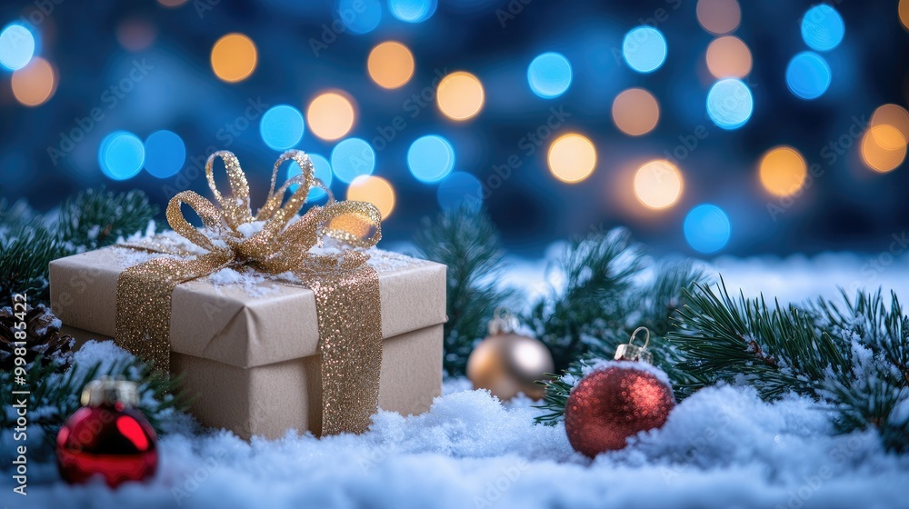 Christmas present on snow, with bright blue bokeh lights shimmering in the background. Fir branches decorated with ornaments complete the wintery, festive holiday setting. Christmas present on snow, with bright blue bokeh lights shimmering in the background. Fir branches decorated with ornaments complete the wintery, festive holiday setting.