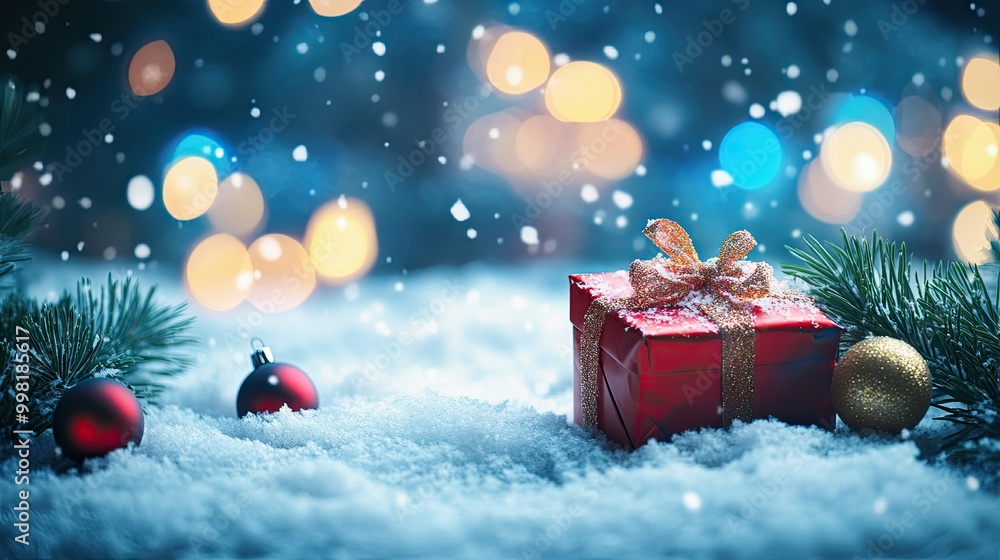 Christmas present sitting on snow with glowing blue bokeh lights in the distance. Ornaments on fir branches and falling snowflakes enhance the festive, wintery atmosphere. Christmas present sitting on snow with glowing blue bokeh lights in the distance. Ornaments on fir branches and falling snowflakes enhance the festive, wintery atmosphere.