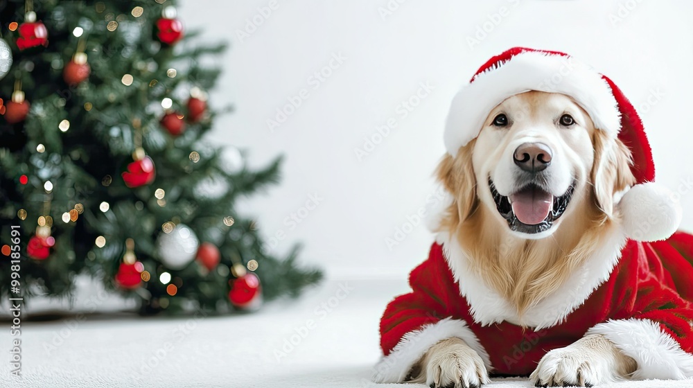 Christmas-themed banner featuring a Golden Retriever in a Santa suit. The dog lies in front of a tree with a white background, providing space for text or greetings. Christmas-themed banner featuring a Golden Retriever in a Santa suit. The dog lies in front of a tree with a white background, providing space for text or greetings.