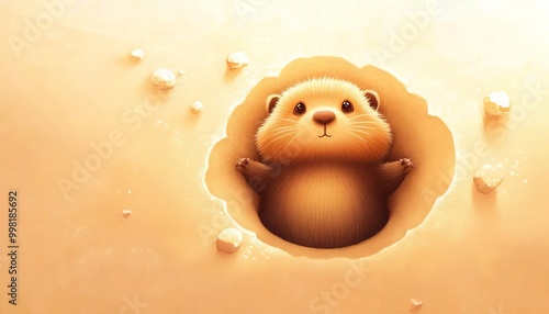 Jour de la Marmotte  illustration dune marmotte sur un rocher apres hibernation flat design top view nature theme cartoon drawing colored pastel photo